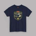 Navy blue t-shirt with 'Healey Threads' logo featuring a car and British flag on a gray background