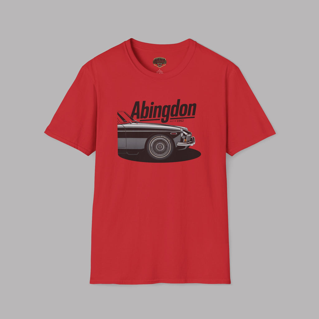 Red t-shirt with a graphic of a classic car and 'Abingdon' text on a gray background