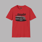 Red t-shirt with a graphic of a classic car and 'Abingdon' text on a gray background