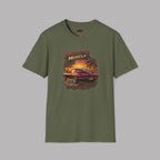 Military green t-shirt with 'American Muscle' graphic design on a gray background