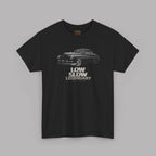 Black t-shirt with car graphic and 'Low Slow Legendary' text on a gray background