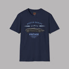 Navy blue t-shirt with Austin Healey vintage car design on a gray background