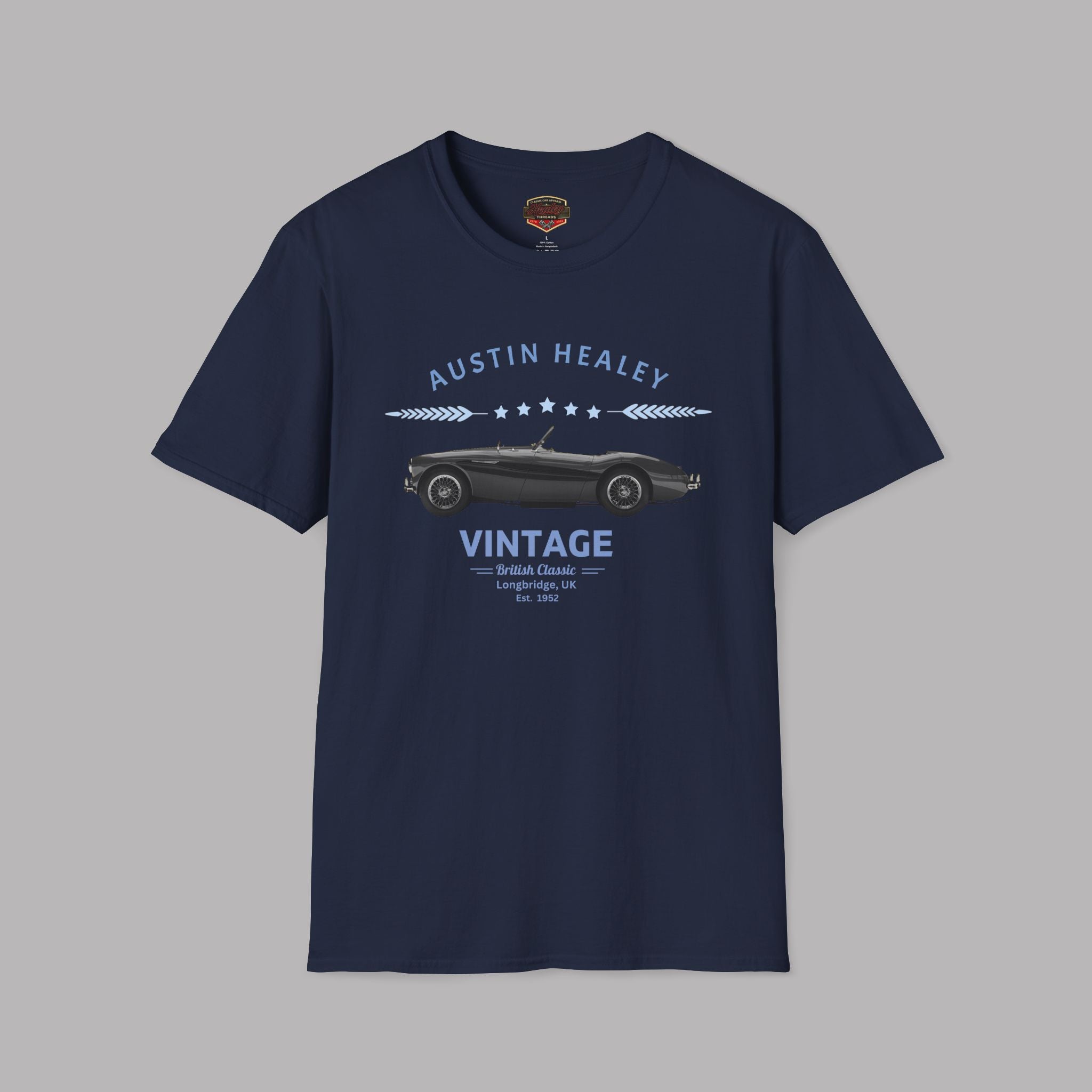 Navy blue t-shirt with Austin Healey vintage car design on a gray background