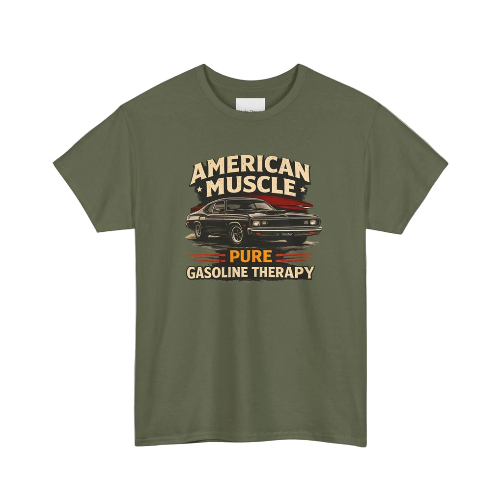 Military green t-shirt with graphic design of a car and text on a white background