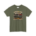 Military green t-shirt with graphic design of a car and text on a white background