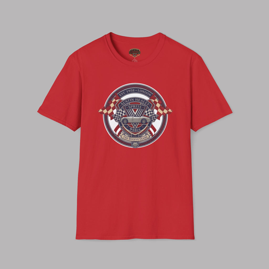Red t-shirt with a graphic Healey Sprite design on a gray background