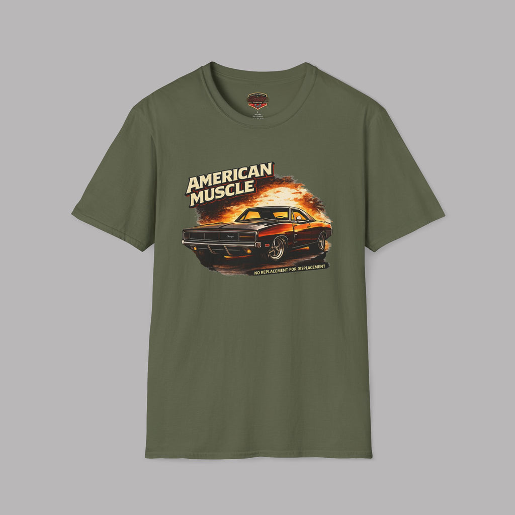 Military green t-shirt with 'American Muscle' graphic design on a gray background