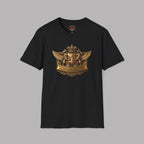 Black t-shirt with a gold and red custom Healey emblem on a gray background