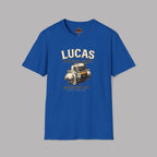Royal blue t-shirt with Lucas Electrical Works graphic on a gray background