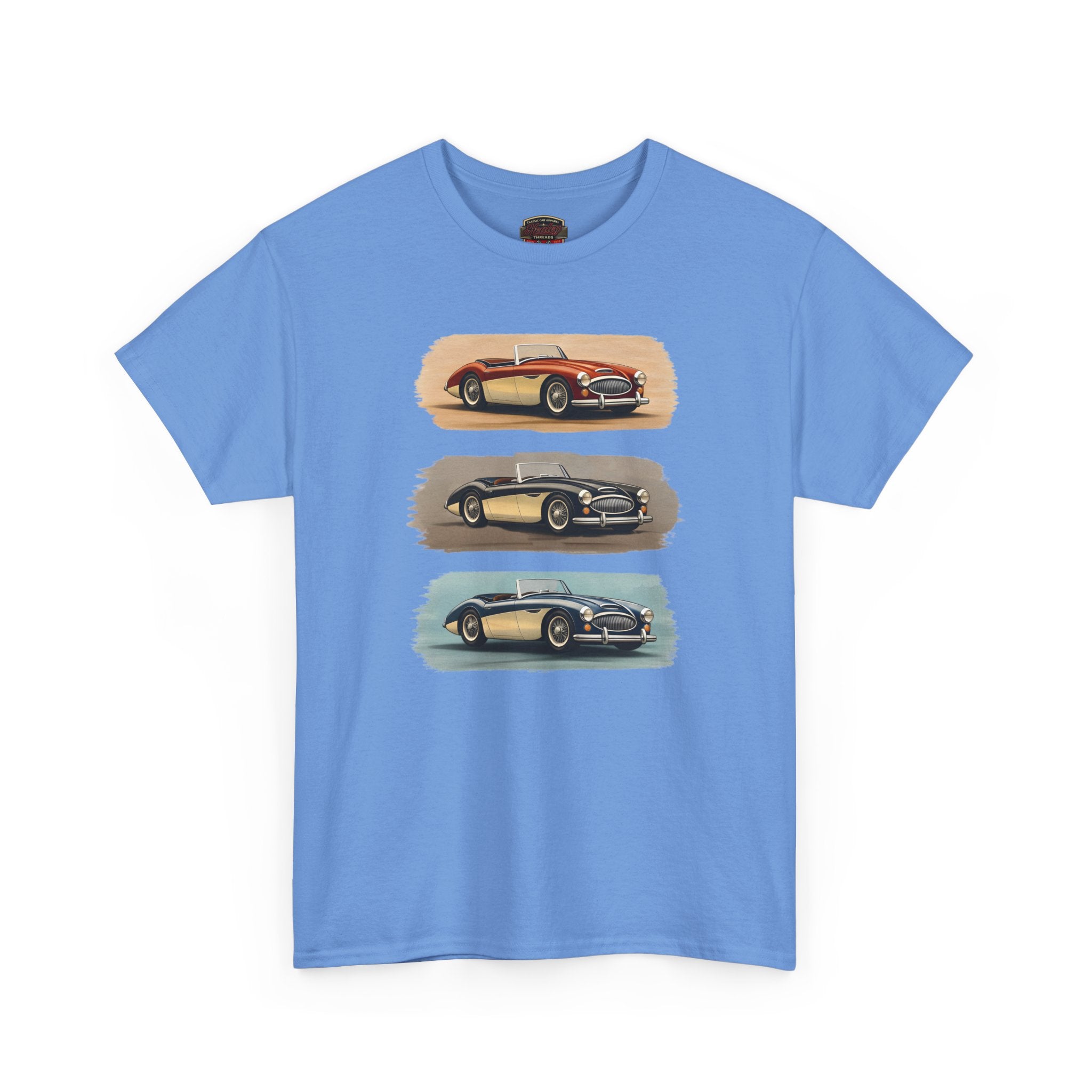 Blue t-shirt with vintage Healey car graphics on a white background