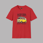 Red t-shirt with a graphic of a van and text on a gray background