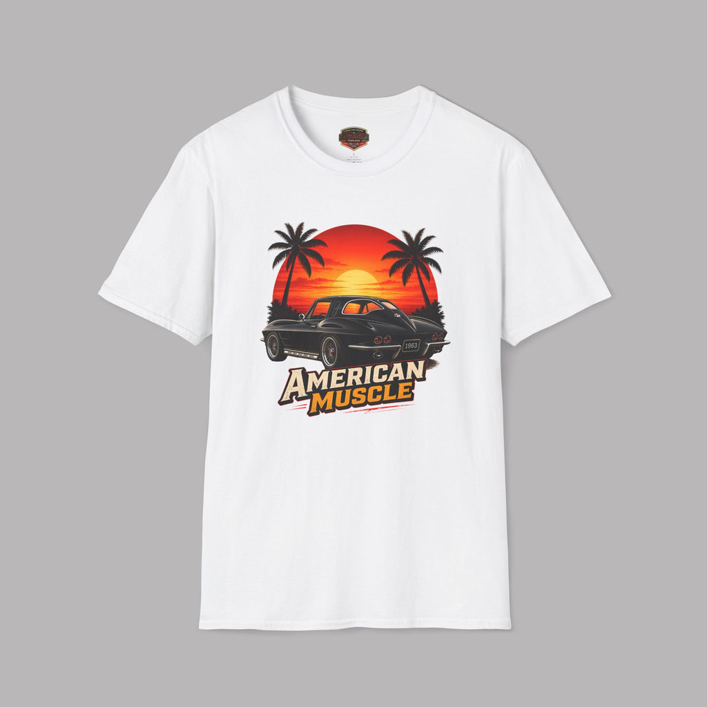 White t-shirt with 'American Muscle' graphic design featuring a sunset and palm trees on a gray background.