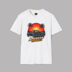 White t-shirt with 'American Muscle' graphic design featuring a sunset and palm trees on a gray background.