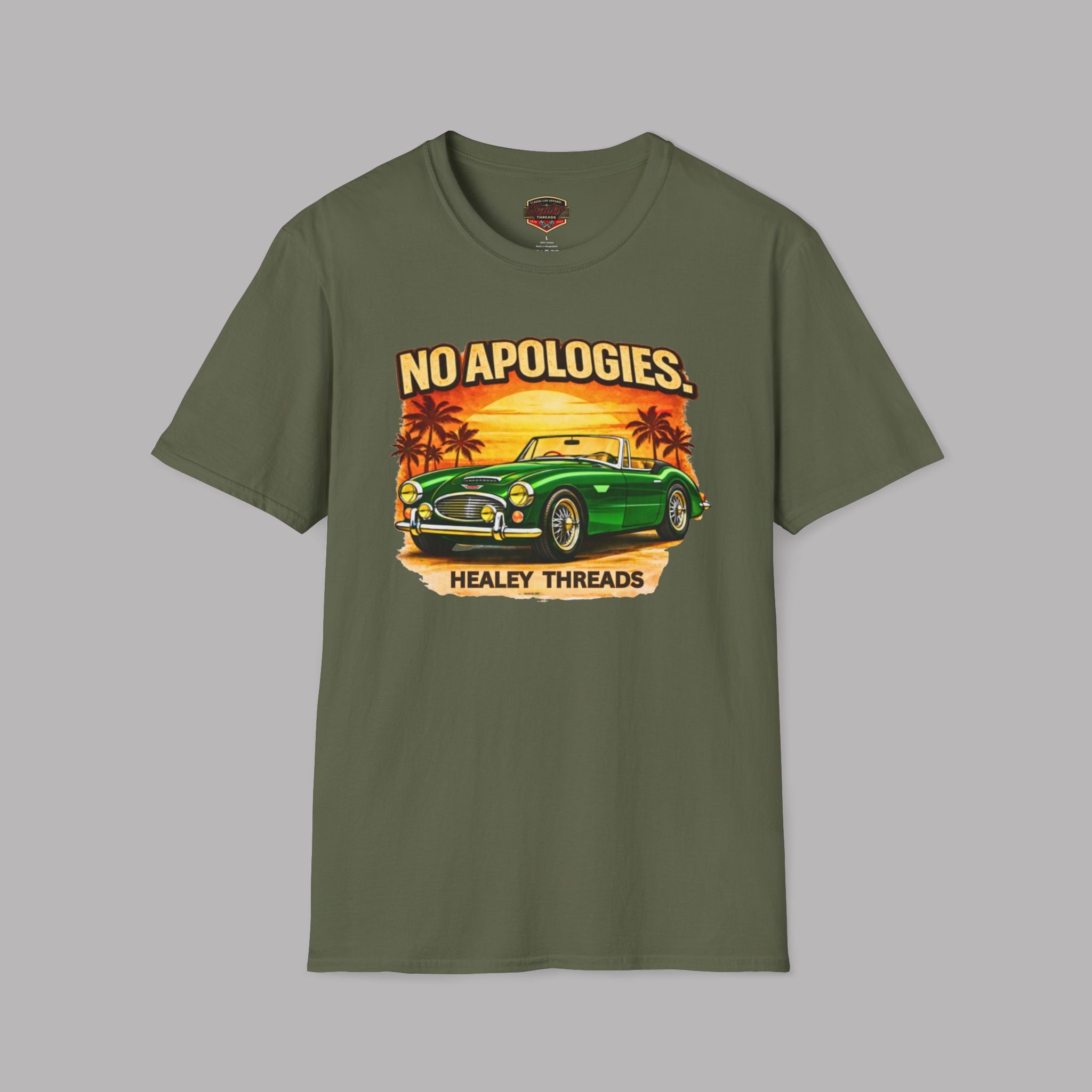 Military green t-shirt with a graphic of a Healey classic car and 'No Apologies' text on a gray background