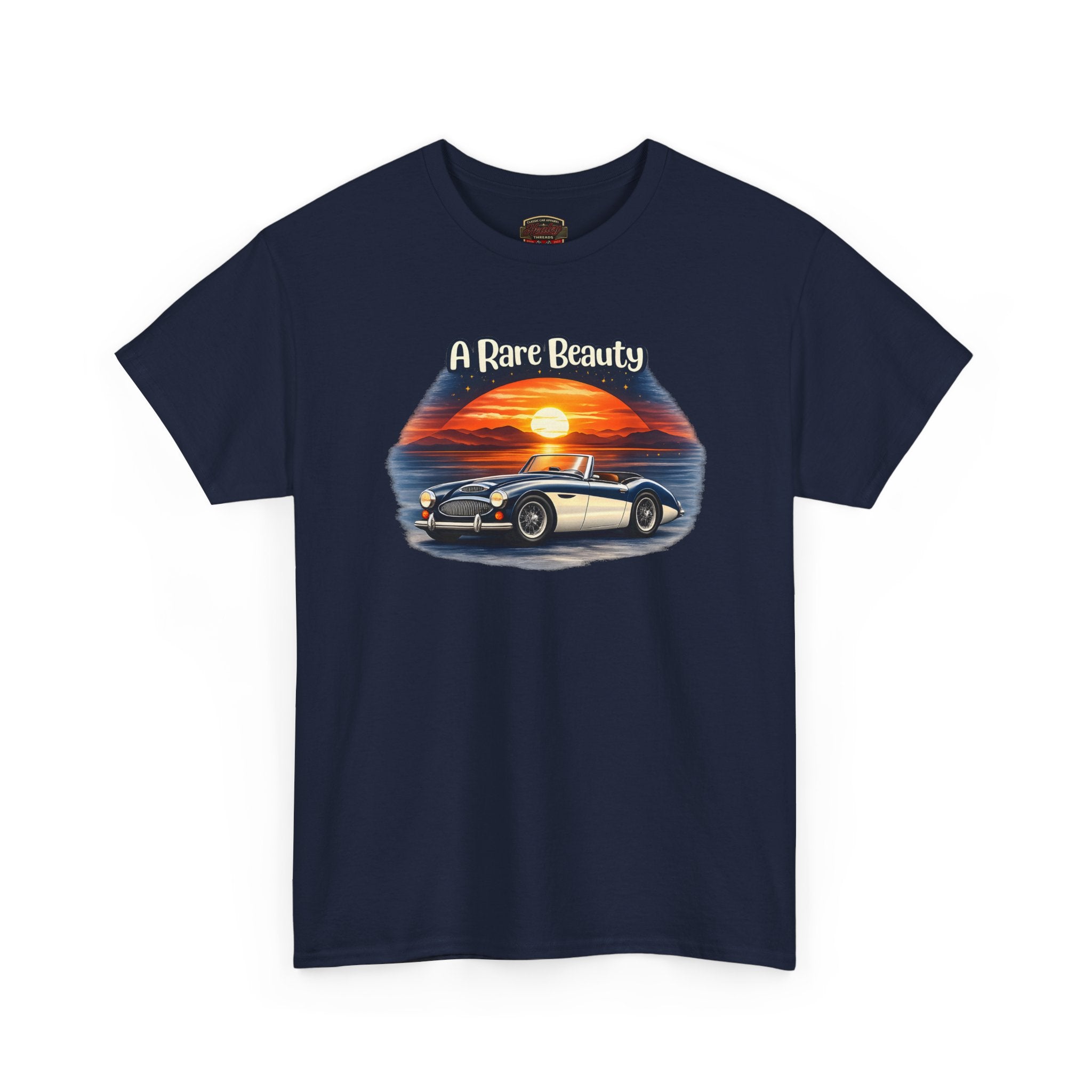 Navy blue t-shirt with a graphic of a classic car and sunset, labeled 'A Rare Beauty', on a white background.