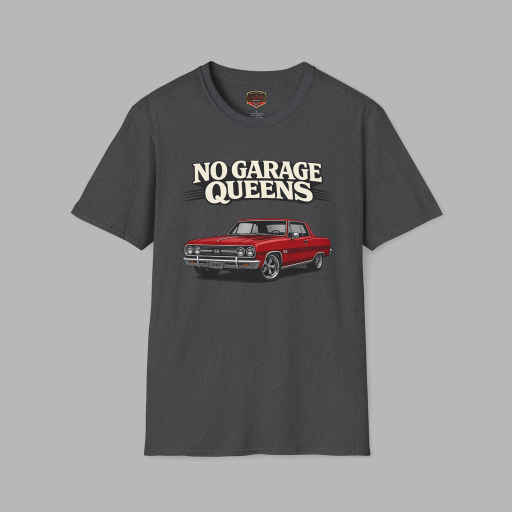 Dark heather t-shirt with a red car graphic and 'No Garage Queens' text on a gray background