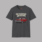 Dark heather t-shirt with a red car graphic and 'No Garage Queens' text on a gray background