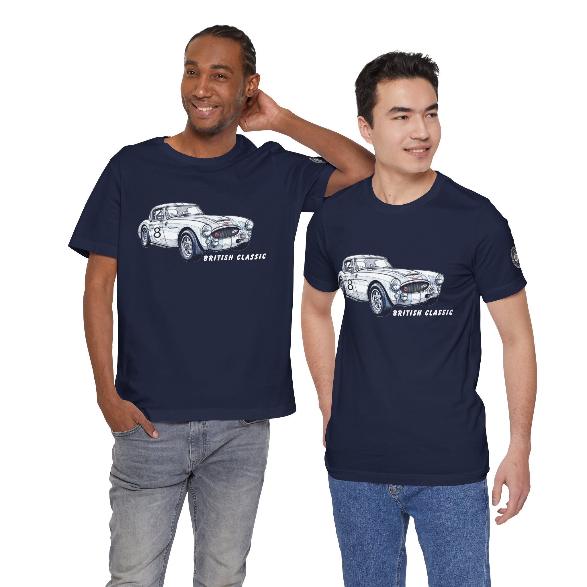 Two men wearing navy blue t-shirts with a white car graphic and 'British Classic' text on a white background.