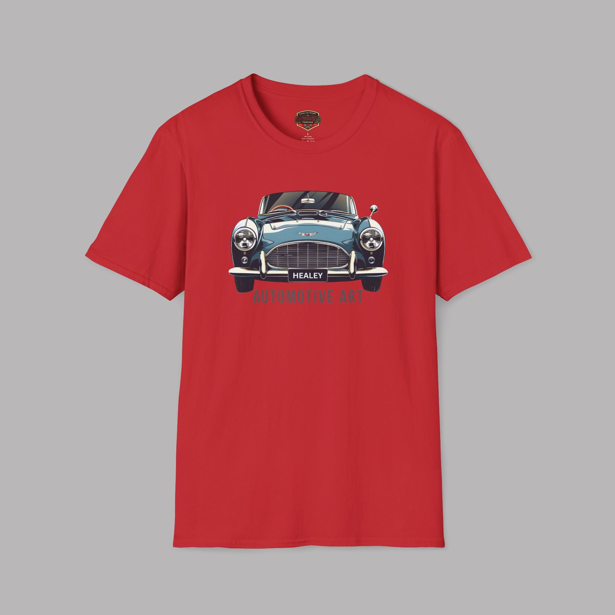 Red t-shirt with a blue vintage Healey car graphic on a gray background