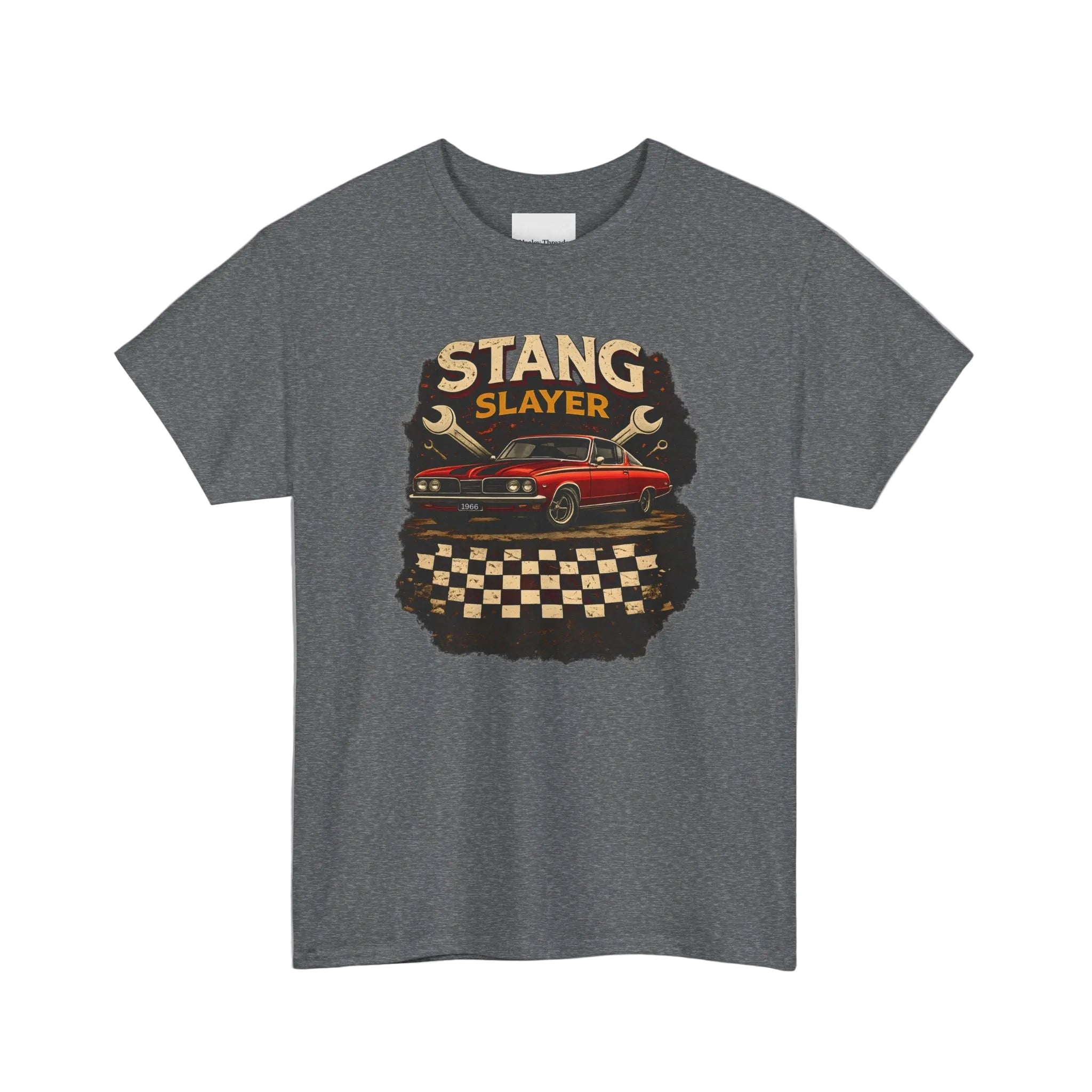 Gray t-shirt with 'Stang Slayer' graphic design on a white background