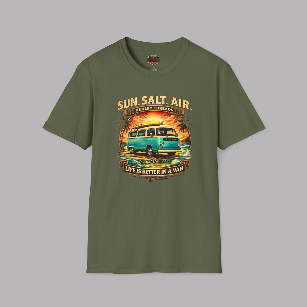 Military green t-shirt with a van graphic and text on a gray background