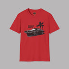Red t-shirt with 'American Muscle' car graphic on a gray background