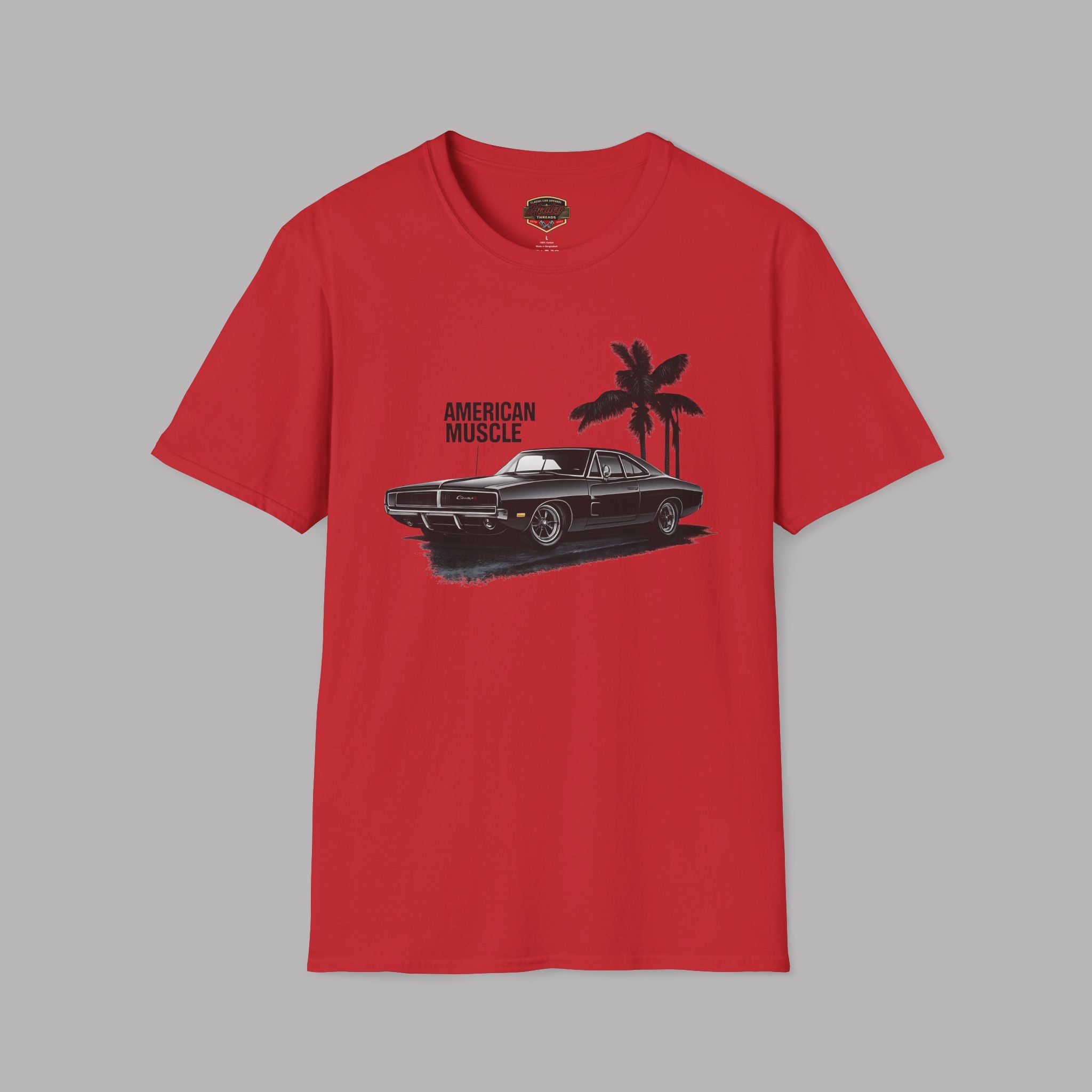 Red t-shirt with 'American Muscle' car graphic on a gray background