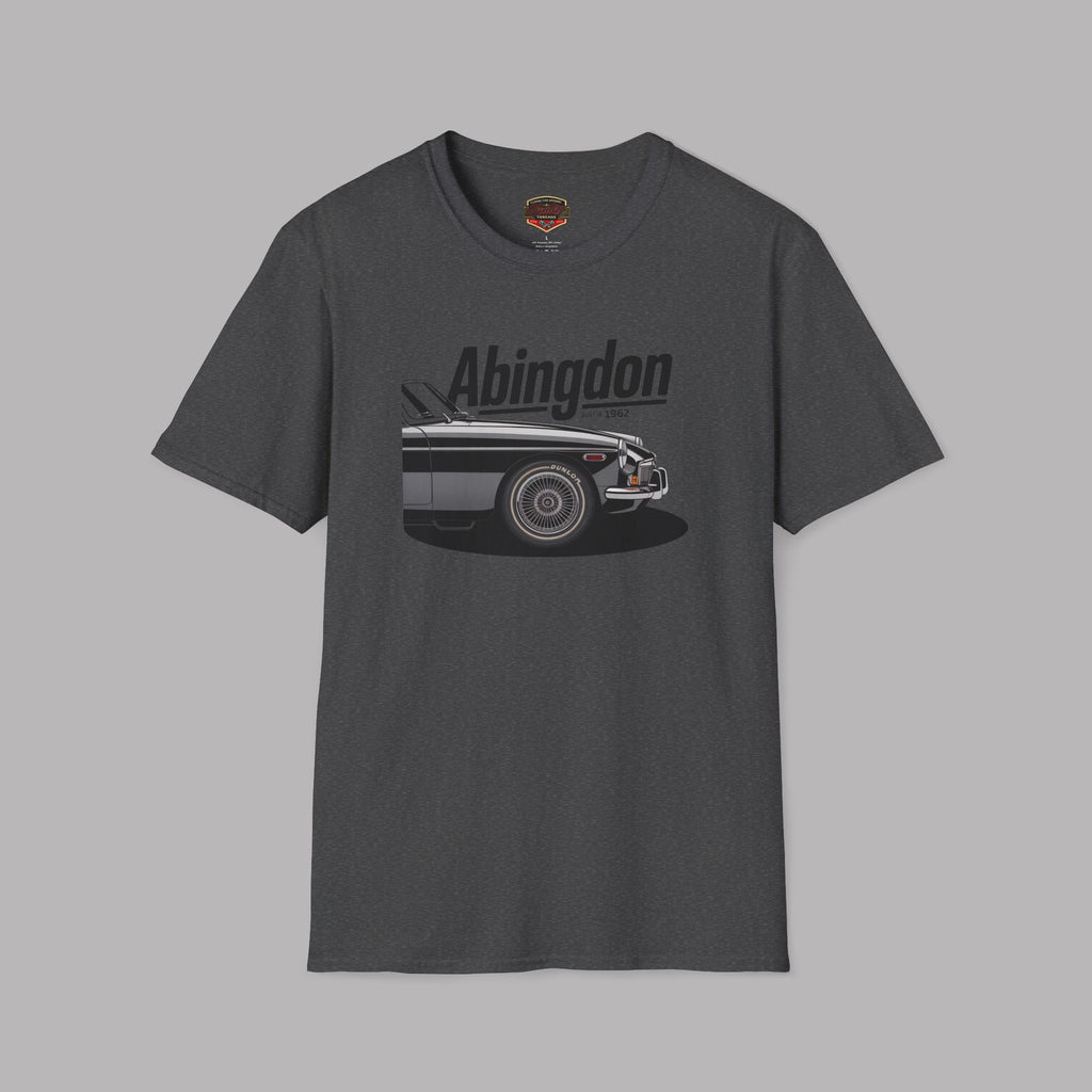 Dark heather t-shirt with a classic car graphic design on a gray background