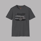 Dark heather t-shirt with a classic car graphic design on a gray background