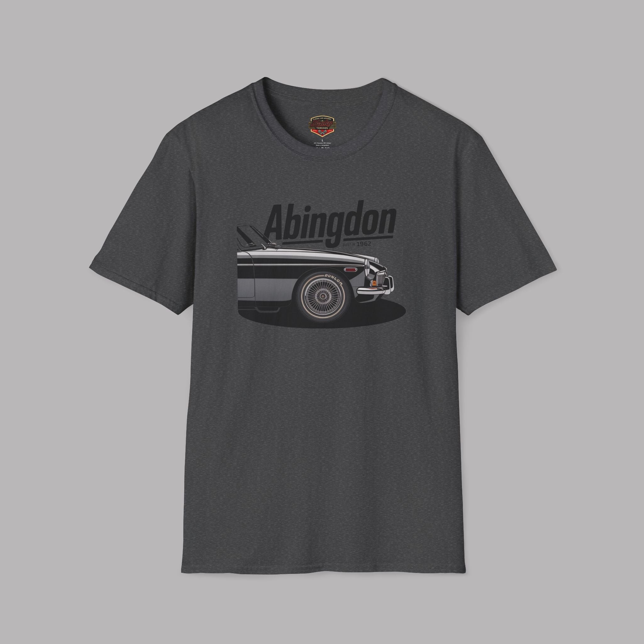 Dark heather t-shirt with a classic car graphic design on a gray background