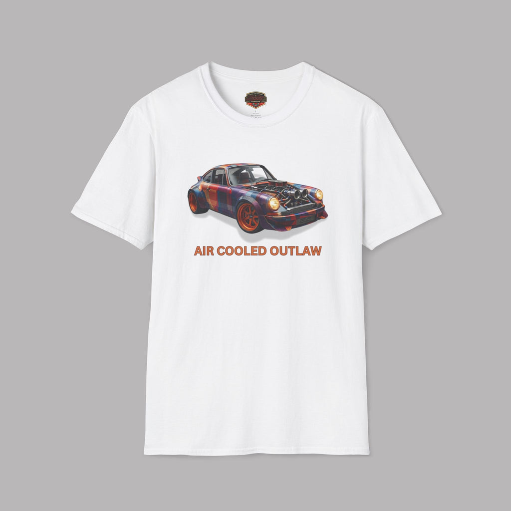 White t-shirt with a car graphic and 'AIR COOLED OUTLAW' text on a gray background