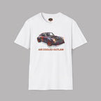White t-shirt with a car graphic and 'AIR COOLED OUTLAW' text on a gray background