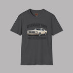 Dark heather t-shirt with a classic car graphic on a gray background