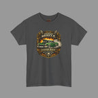 Dark heather t-shirt with a graphic of a classic car and 'American Muscle' text on a gray background