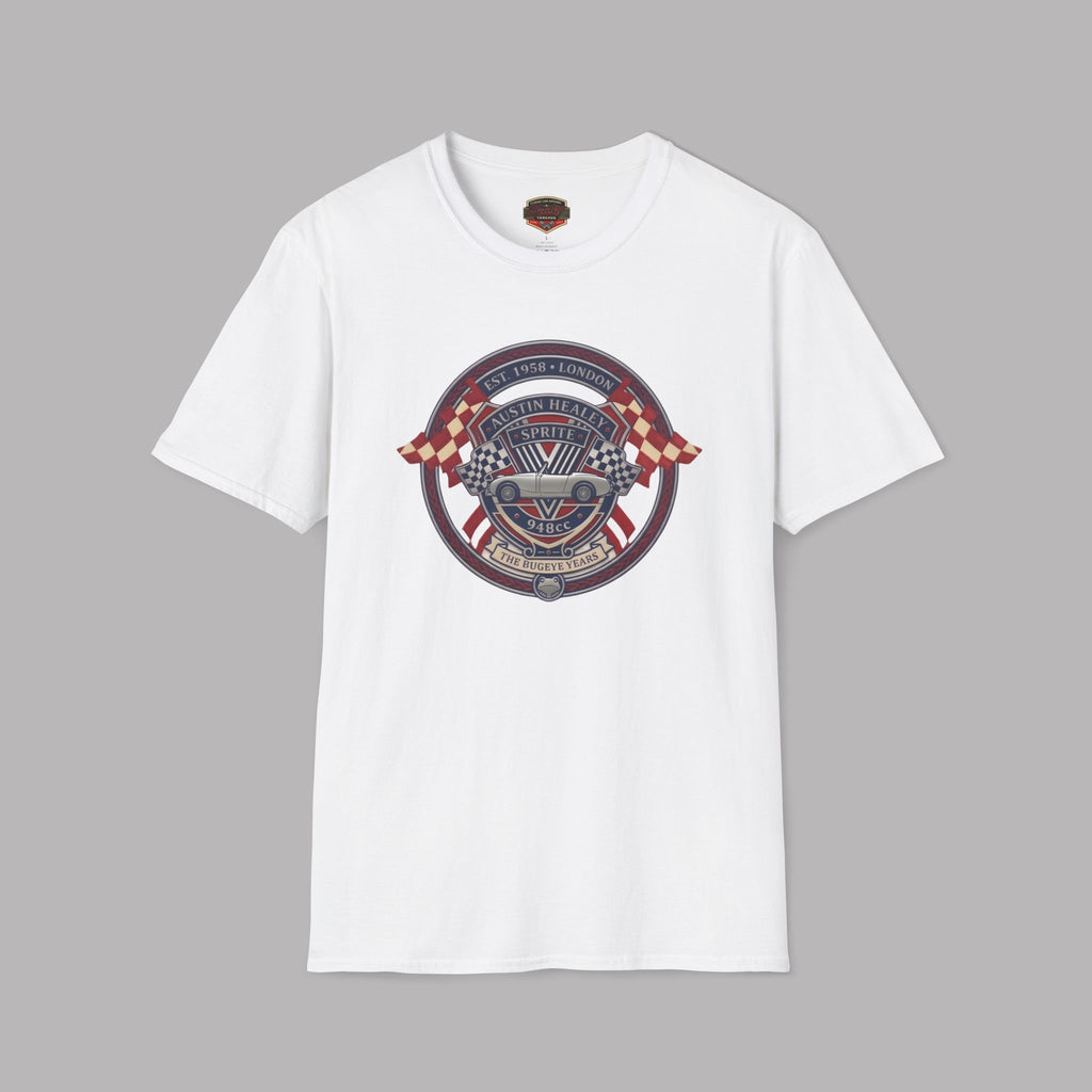 White t-shirt with a graphic Healey Sprite design on a gray background