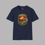 Navy blue t-shirt with a graphic design of a car and sunset on a gray background