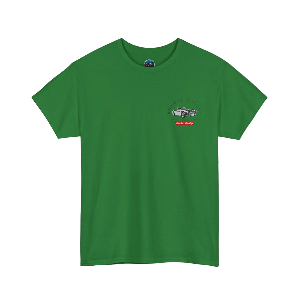 Green t-shirt with a small Healey logo on the chest against a white background
