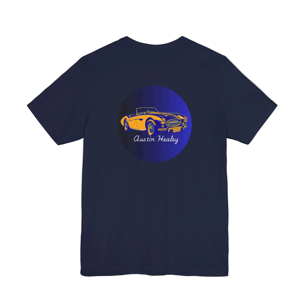 Back view of a navy blue t-shirt with a yellow Austin Healey car graphic on a white background