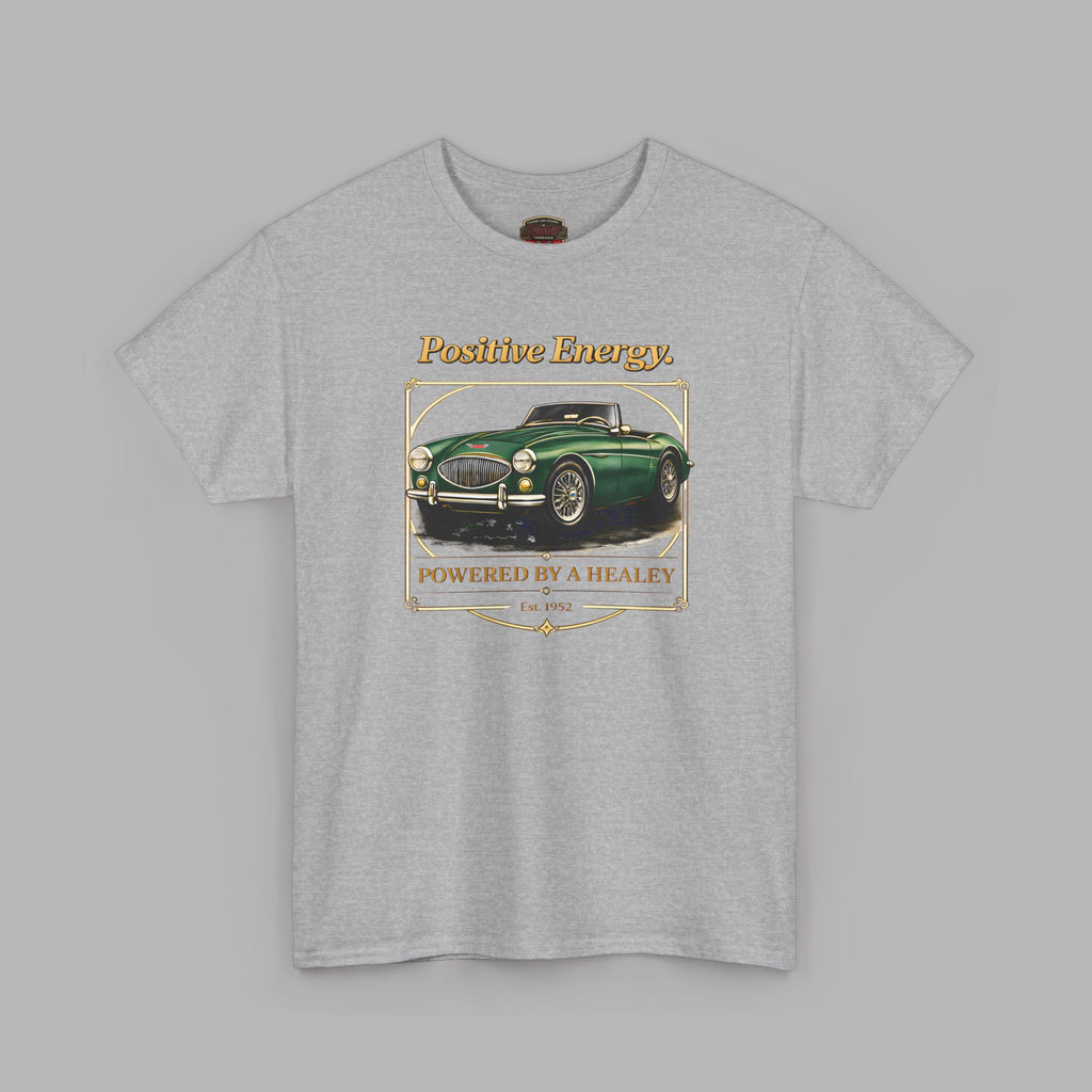 Sport gray t-shirt with a green classic car graphic and 'Positive Energy' text on a gray background