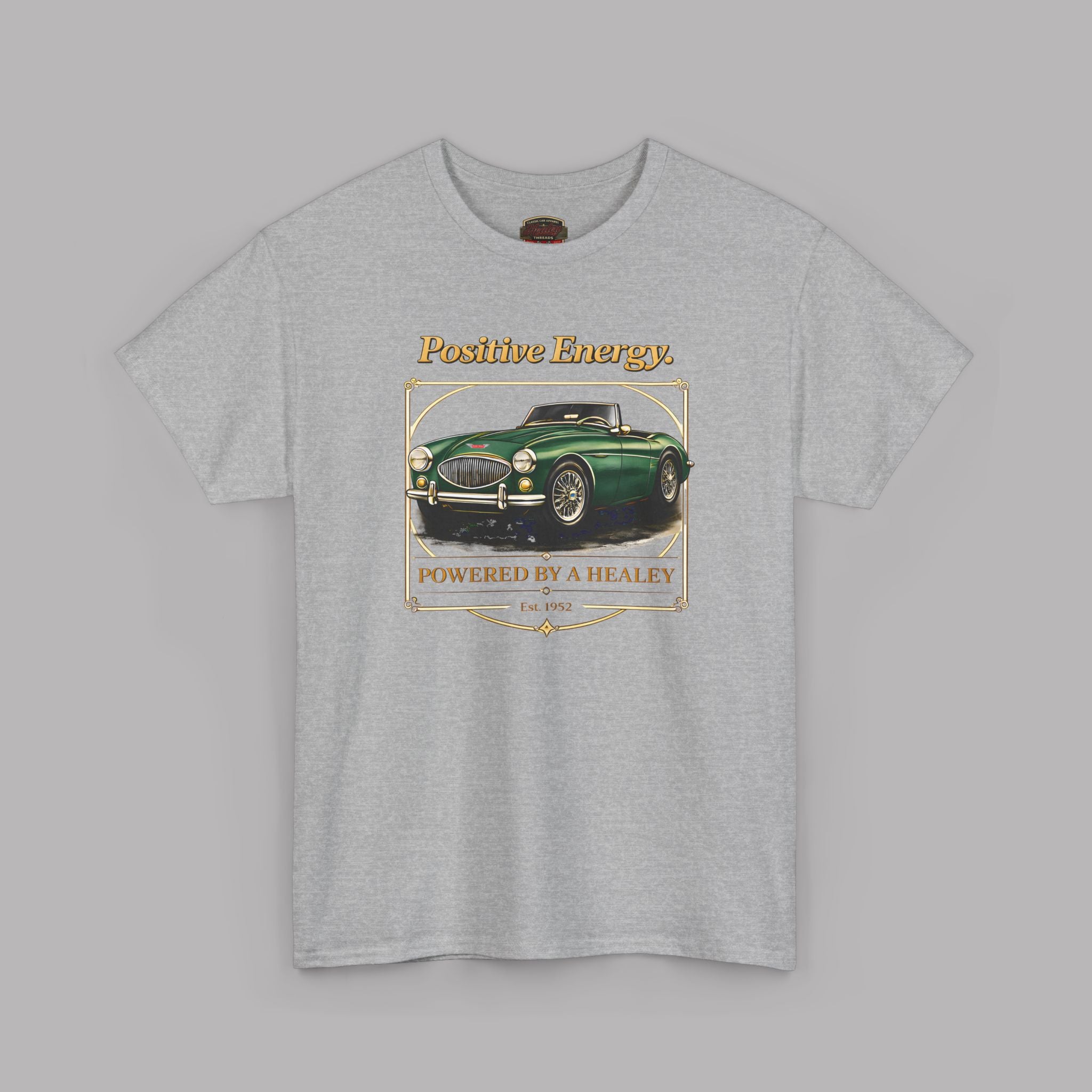 Sport gray t-shirt with a green classic car graphic and 'Positive Energy' text on a gray background