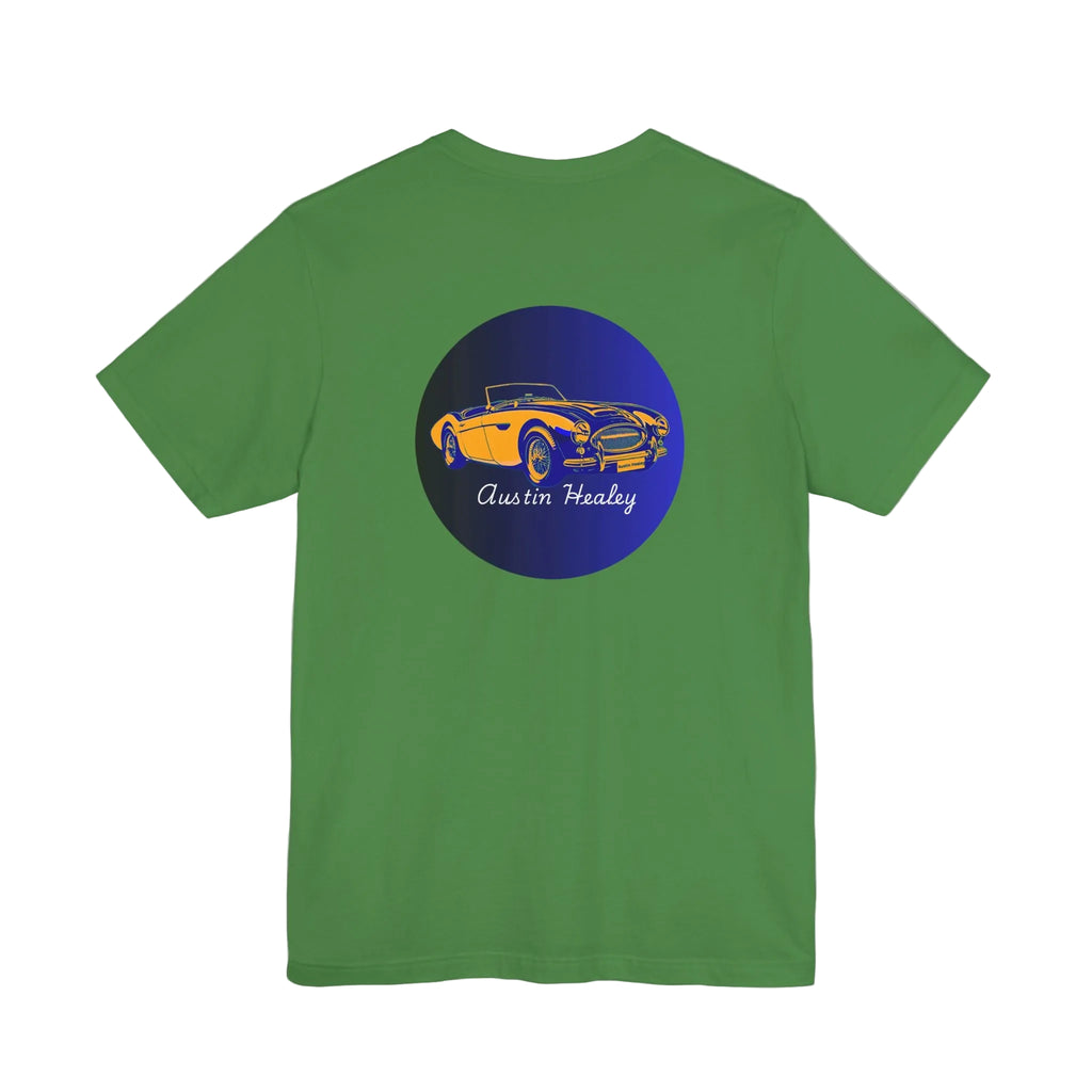Back view of a Irish green t-shirt with a blue circle featuring an Austin Healey car design on a white background