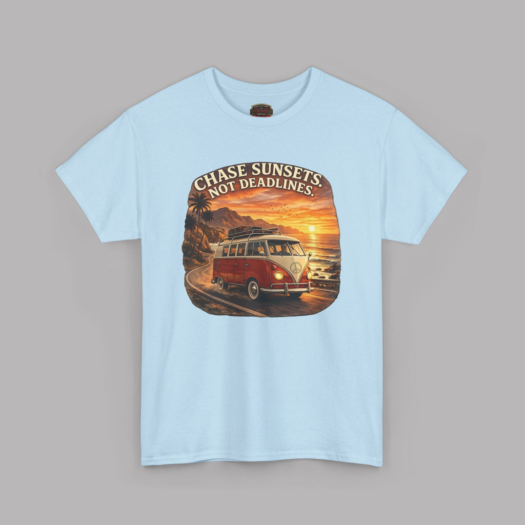 Light blue t-shirt with a graphic of a classic van and sunset text on a gray background