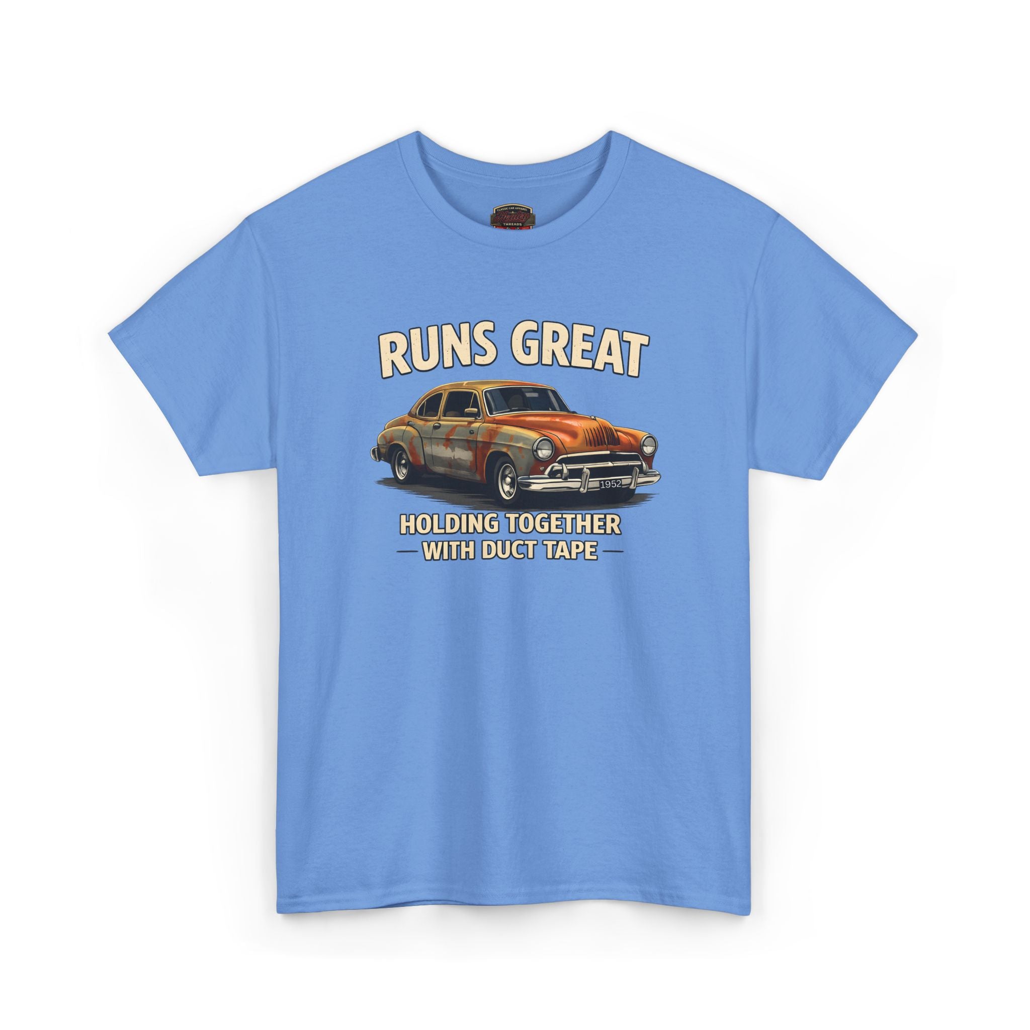 Blue t-shirt with a graphic of a car and text on a white background