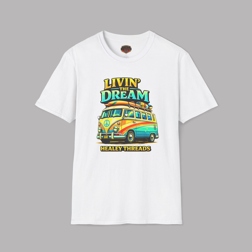 White t-shirt with colorful graphic and text on a gray background