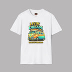White t-shirt with colorful graphic and text on a gray background