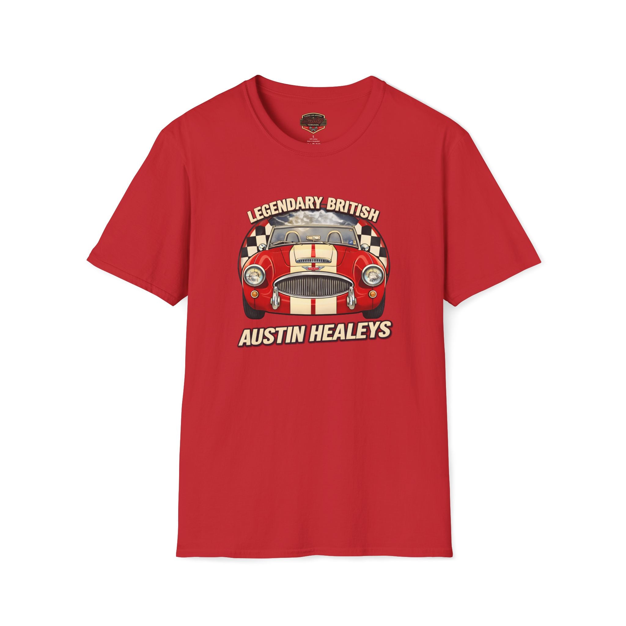 Red t-shirt with a graphic of an Austin Healey car and text on a white background