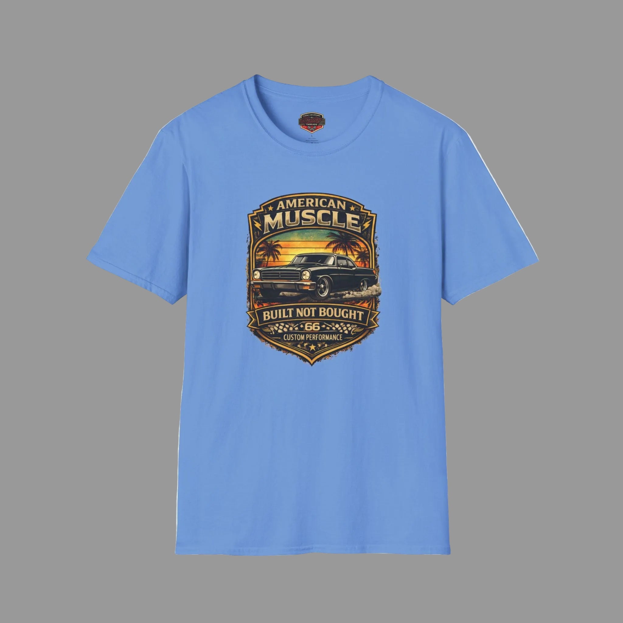 Carolina blue t-shirt with a graphic design of a classic car and text on a gray background