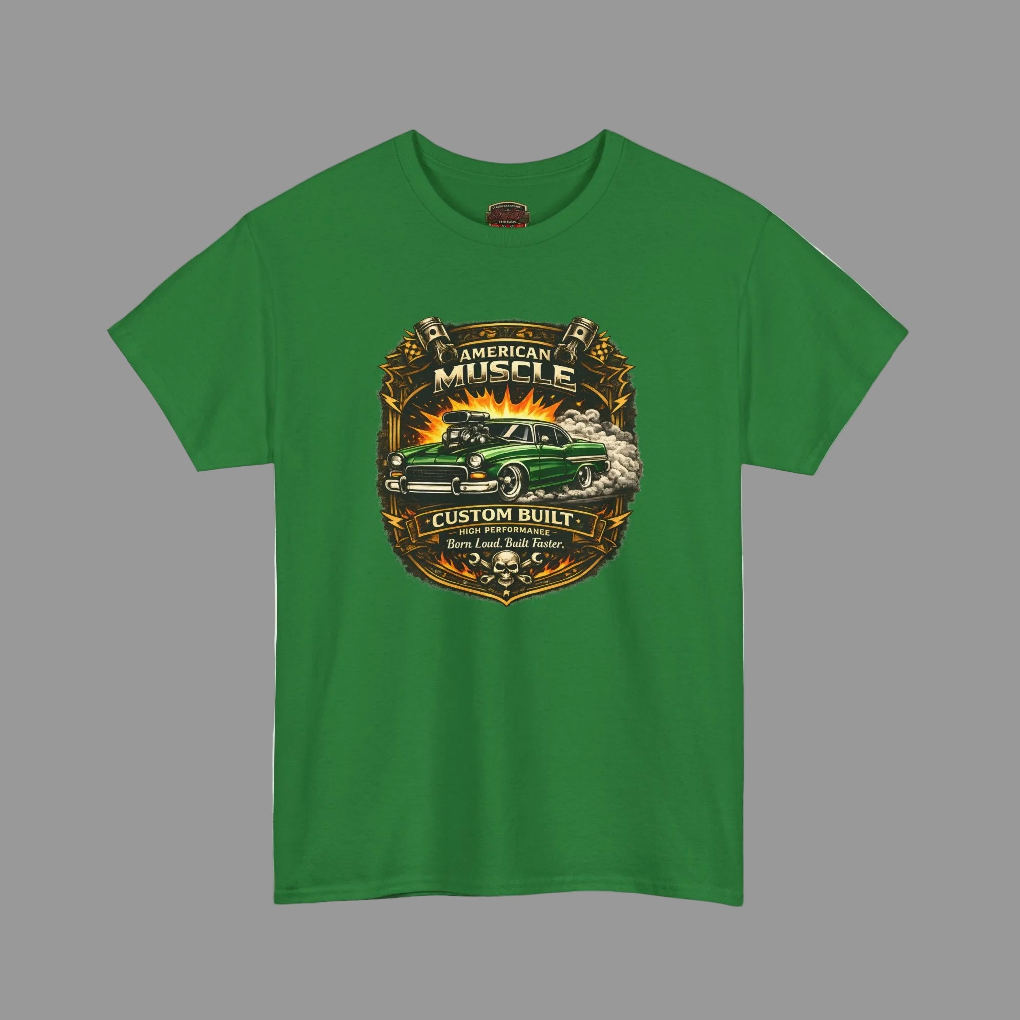 Turf green t-shirt with 'American Muscle' car graphic design on a white background