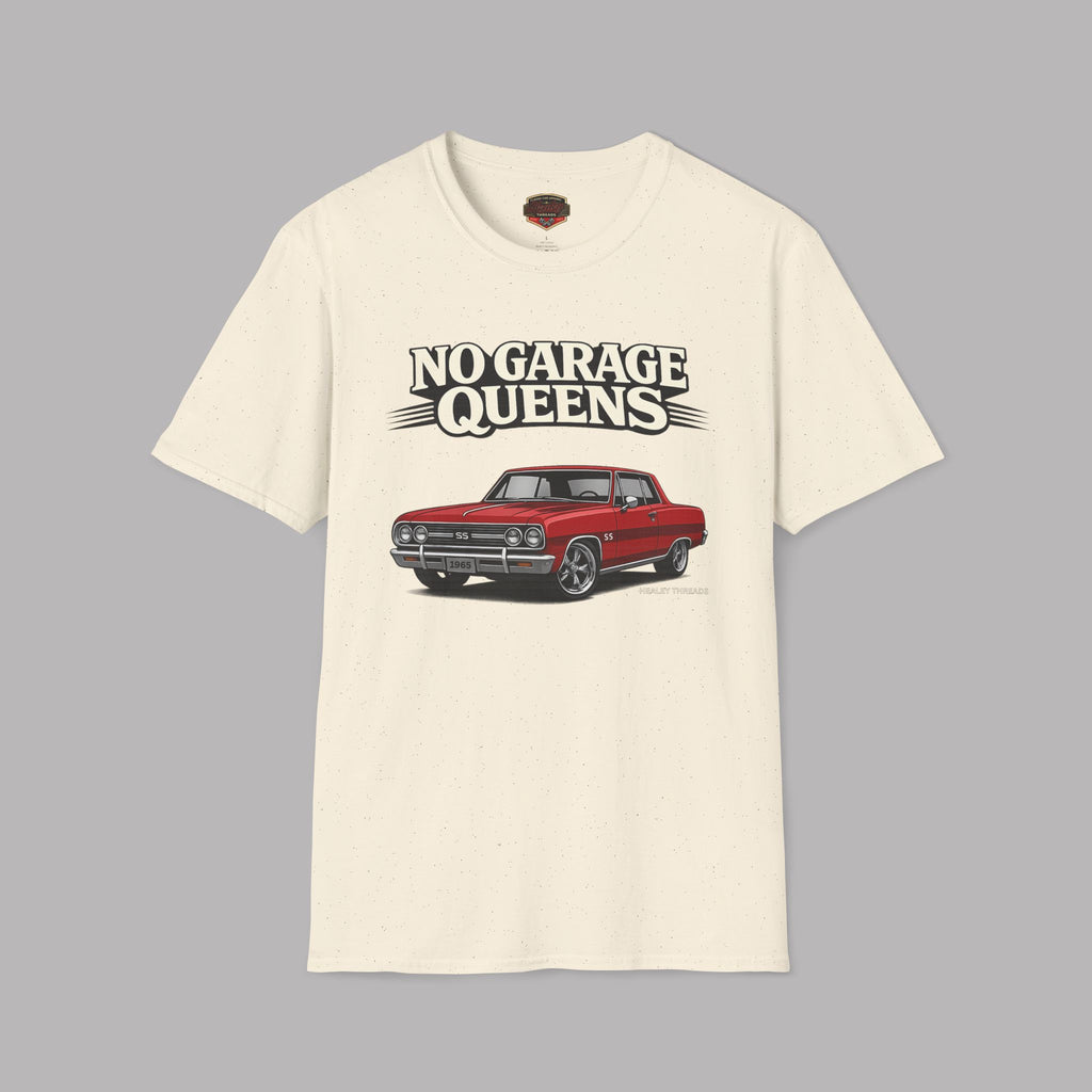 Natural t-shirt with a graphic of a red car and 'No Garage Queens' text on a gray background