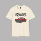 Natural t-shirt with a graphic of a red car and 'No Garage Queens' text on a gray background
